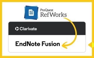 Refworks logo with and arrow pointing to the Endnote Fusion logo