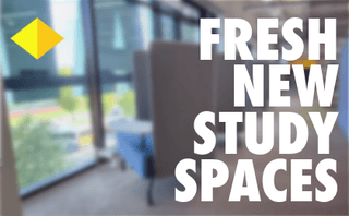 a blurred image of a high back against a windowed backdrop. Text reads 'Fresh New Study Spaces' in a bold white font.