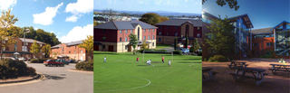 Collage of Telford campus images, a parking area, a football field and an outdoor seating area