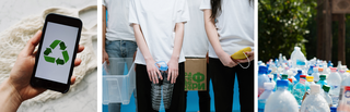 Graphic of recycling and sustainability images, including a phone with a recycling symbol on its screen, young people picking up recyclable materials and piles of plastic bottles