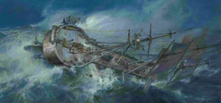 A painting by artist Geoff Hunt of a large ship being overturned by tumultuous waves