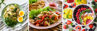 Collage of different dishes with various fruit and vegetable ingredients