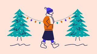 illustration of a lady walking though the snow with Christmas trees and festive lights in the background
