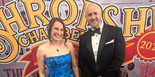 Lauren Chandler, Sales Office Manager at MyWorkwear modelling a design by fashion student Hannah De Haan at the Shropshire Chamber Business Awards