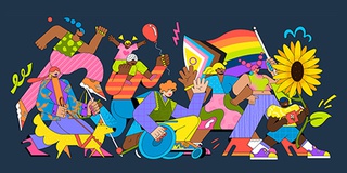 graphic illustration of a parade of diverse people