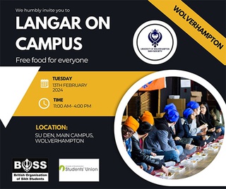 graphic promoting Langar on campus SU event on 13 Feb 2024 11am-4pm at the Den, City Campus SU. Free food for all.