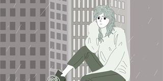 graphic illustration of a student sitting on a wall in the rain