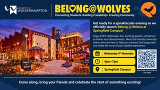 Belong at wolves event promotion - AI generated image depicts the exterior of Springfield Campus decked out with Halloween decorations. Event details Wednesday 4 november 4pm-7pm.