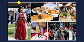 montage of photographs taken at the International Fair showing students in traditional dress, world food, dancing and celebration of culture in the Courtyard
