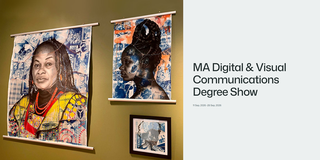 A gallery wall displaying student artwork, text reads: MA digital and visual communications degree show 2026 11 Sept 2026 -28 Spet 2026