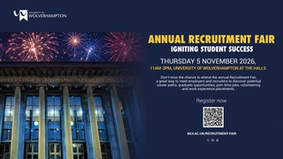 Image of the front of the Halls with fireworks in the night sky. Caption reads 
