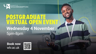 Digital asset promoting postgraduate open evening event on Wednesday 4 November