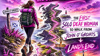 An illustration depicts a woman with a backpack walking on a coastal path, with text announcing 