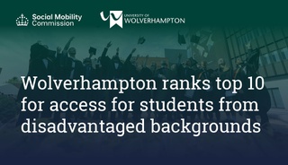 Digital asset to celebrate Wolverhampton's top ten ranking in national social mobility index. Background photo of group of graduates on graduation day throwing caps in air.