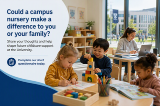 Asset invites students to participate in a short questionairre to share thoughs on childcare services. In the picture three happy children play at a desk whilst a student mother works on a laptop in the background.
