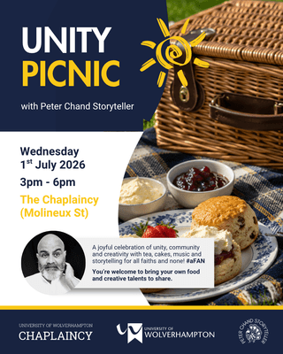 Unity picnic with Peter Chand event poster. Wednesday 1 July at the Chaplaincy. Booking required.