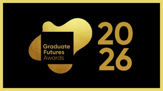 Gold lettering on a black background featuring a gold Graduate Futures Awards logo and '2026' is placed next to it in gold.