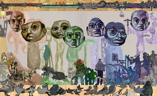 Illustrated and water coloured image of a landscape in purples, greens and browns. Features bold, over-sized faces of men with water colour bodies. In the foreground are images of birds and people.