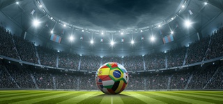 AI generated image of a football stadium under spotlights. In the centre of the pitch is a football featuring icons from countries across the world.