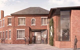 Computer-generated image of what the refurbished and extended vacant heritage building could look like as one of the new blocks at Springfield Campus, accommodating live project workshops, laboratories, design and collaboration space supporting research, motorsport, aerospace and EV activity