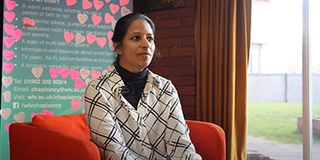 student Geetha Paul sitting in the Chaplaincy