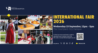 Asset promoting the International Fair 2026 at City Campus Wednesday 23 September 12pm-5pm. To book a stall email EEevents@wlv.ac.uk