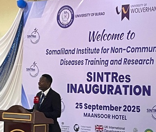 Dr Opeolu Ojo stands at a lectern and addresses an audience at the Inauguration of Somaliland Institute for Non-Communicable Diseases