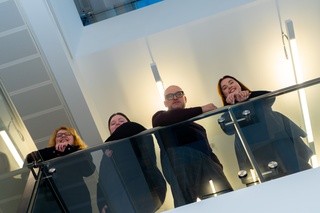 Dr Nicola Allen, Beth Young, Professor Sebastian Groes, Megan Powell from the School of English Literature and Psychology recreate the iconic Please, Please Me album cover as they call on the public to share their Beatles memories.