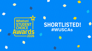 A graphic with sky blue background and gold, blue and white leaf shape. 'Shortlisted! #WUSCA' appears in white lettering on the left with the award logo in yellow on the right