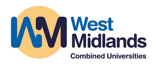 West Midlands Combined University logo in hues of blue, set on top of a light orange circle