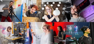 Montage image showing lots of students engaged in a variety of practices associated with the creative industries including photography, lino printing, video recording, using the motion capture studio, painting and sculpting