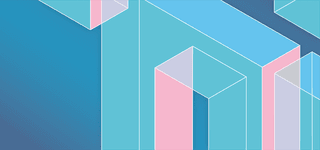 Abstract polygon composed of rectangular panels in muted shades of pastel pink, blue and green. On a teal background