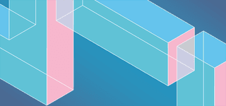 Abstract polygon composed of rectangular panels in muted shades of pastel pink, blue and green. On a teal background