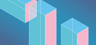 Abstract polygon composed of rectangular panels in muted shades of pastel pink, blue and green. On a teal background