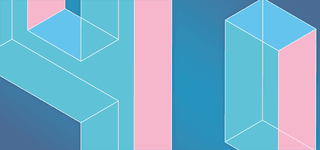 Abstract polygon composed of rectangular panels in muted shades of pastel pink, blue and green. On a teal background