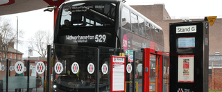 The number 529 double-decker bus at Walsall bus station, en route to Wolverhampton via Willenhall
