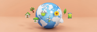 Image of a globe with several sustainable emblems floating around it.