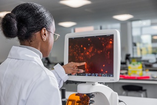 Student looking at UV microscope