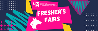 Graphic with coloured shapes, the University of Wolverhampton logo and a wolf logo, with text reading: Freshers Fayre