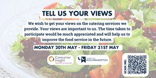 A graphic promoting a catering services survey